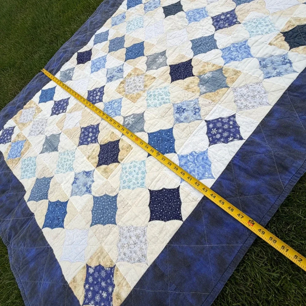 A+ Handmade Patchwork Quilt Blue Snowflake Cathedral Window Star 2003 62x48